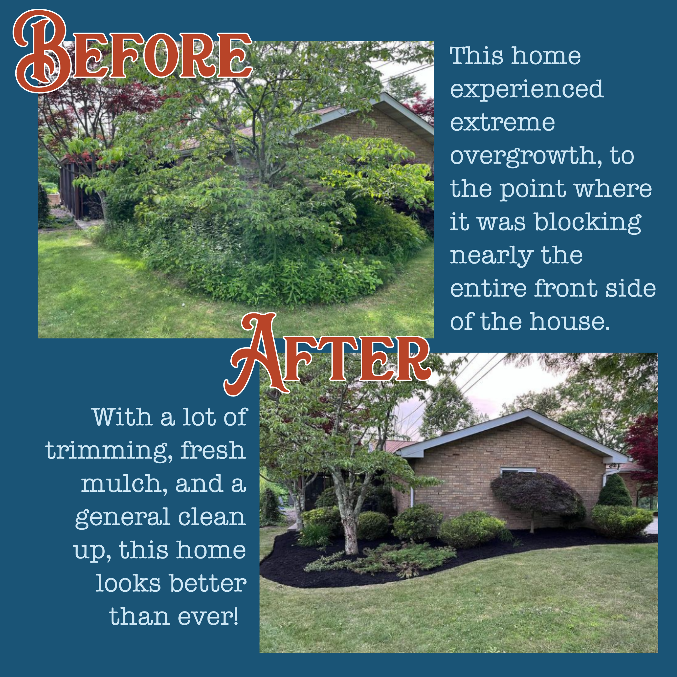 Before Kingdom Come Landscaping: This home experienced extreme overgrowth, to the point where it was blocking nearly the entire front side of the house. After: With a lot of trimming, fresh mulch, and a general clean up, this home looks better than ever!